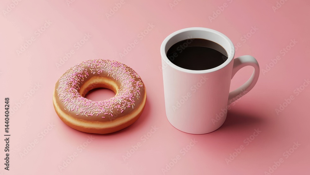Delicious donut with pink sprinkles beside a steaming cup of black coffee on a soft pastel pink background for a sweet morning treat aesthetic Delicious donut with pink sprinkles beside a steaming cup of black coffee on a soft pastel pink background for a sweet morning treat aesthetic