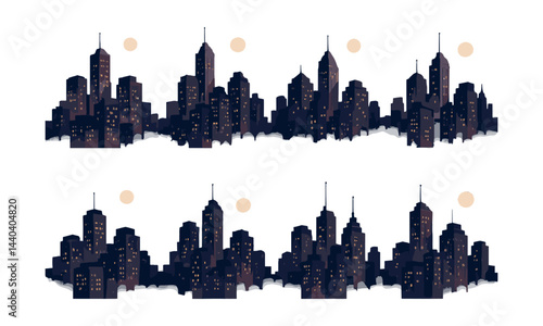 Cityscape silhouette icons set – skyline, buildings, night, urban, sunset
