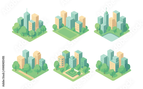 Cityscape icons set – buildings, park, skyscraper, greenery, urban, landscape