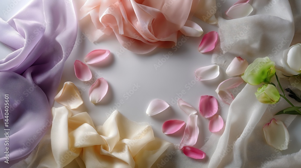 Obraz premium Soft pastel fabric and delicate rose petals arranged in a circle on light background, romantic flat lay ideal for Mother’s Day designs, spring wedding invitations, and love-themed branding