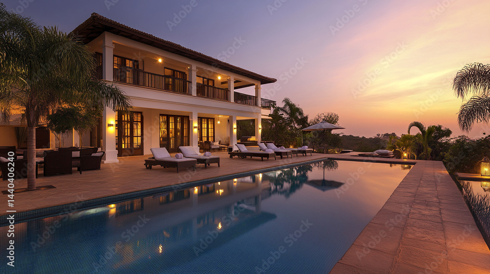 Obraz premium Luxurious villa with stunning poolside view at sunset, perfect for relaxation and elegance