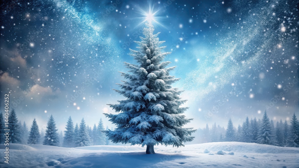 Snow covered pine tree in a winter wonderland with frosty air and snowflakes gently falling around the base of the tree, cold climate, snowfall Snow covered pine tree in a winter wonderland with frosty air and snowflakes gently falling around the base of the tree, cold climate, snowfall