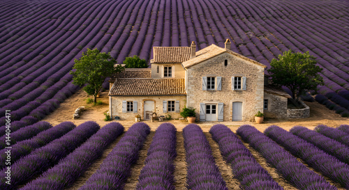 Stone Farmhouse Surrounded By Rows Of Blooming Lavender In Provence