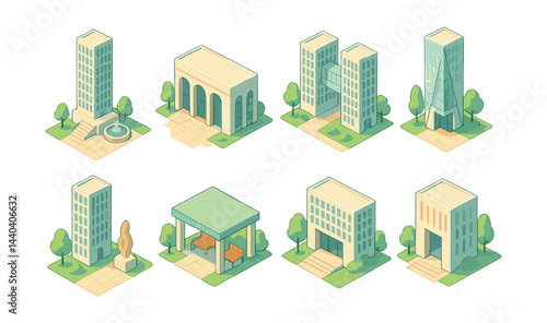 City building icons set – skyscraper, office, museum, park, fountain, library, statue