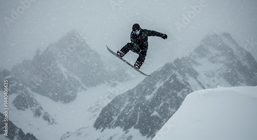Snowboarder aerial maneuver in snowy mountain range