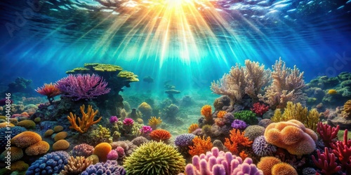 Vibrant coral reefs teeming with life  sunlight filtering through the water creates an ethereal glow  surrounded by lush seaweed swaying gently in the current   ocean  tropical