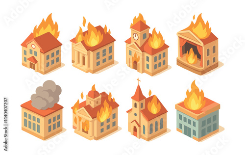 Building fire emergency icons set – flames, smoke, church, clock tower, town hall