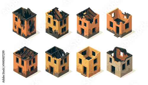 Abandoned building icons set – burnt, ruined, desolate, crumbling, damaged, derelict, decay, weathered, destruction, collapsed