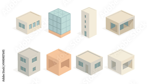Modern architecture icons set – cubes, skyscraper, minimal, transparent, design, urban, furniture, exterior, window