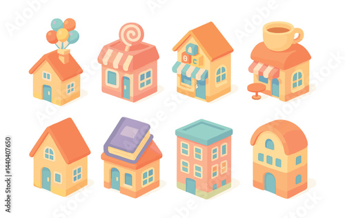 Whimsical buildings icons set – cafe, shop, bookstore, house, apartments