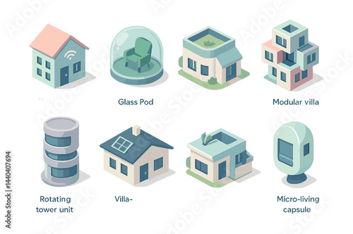 Modern architectural concepts – pod, modular villa, tower unit, micro-living, eco house