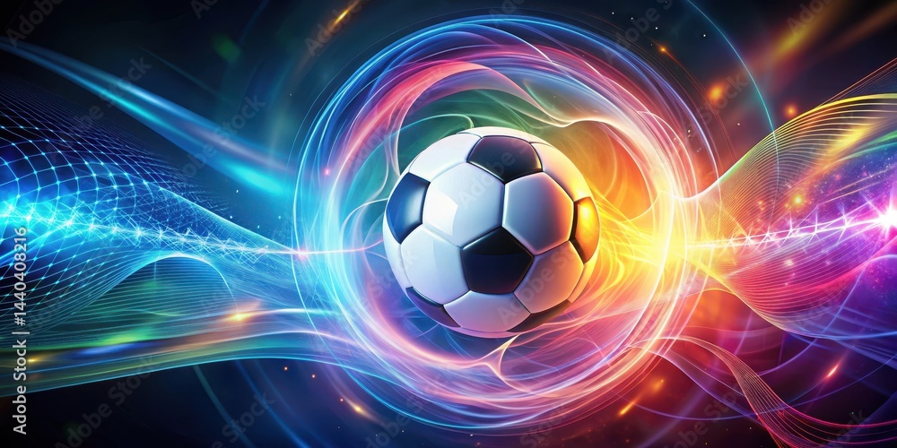 Naklejka premium Vibrant abstract background with swirling energy field surrounding a glowing soccer ball , dynamic