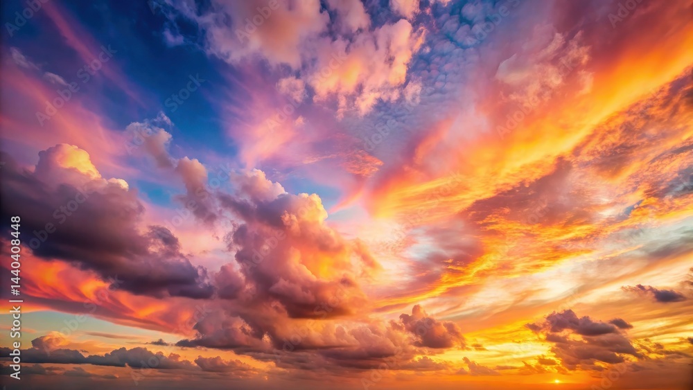 Fototapeta premium The sky is painted with hues of pink and orange as clouds drift lazily across the horizon, creating an ethereal and dreamy effect, soft focus, colorful sky