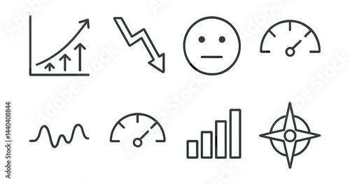 Financial metrics and navigation icons set – growth, decline, emotion, speed, wave, bar, compass