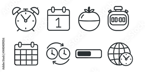Time management icons set – clock, calendar, timer, stopwatch, world clock, schedule, progress