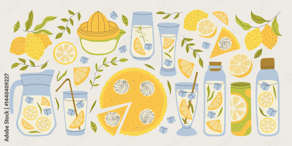 Lemonade in jar, mint cocktails cartoon set. Pitcher drinks with straw, lemon slice. Vector illustration set of lemonade, cocktails, mocktails with various flavors for parties, summer drinks Lemonade in jar, mint cocktails cartoon set. Pitcher drinks with straw, lemon slice. Vector illustration set of lemonade, cocktails, mocktails with various flavors for parties, summer drinks