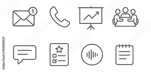 Business communication icons set – email, phone, graph, meeting, chat, list, audio, notes