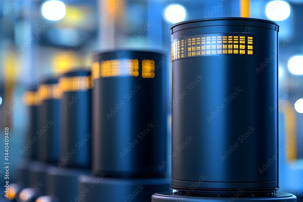 Sleek dark cylinders with illuminated displays line a factory floor, suggesting advanced industrial technology Sleek dark cylinders with illuminated displays line a factory floor, suggesting advanced industrial technology