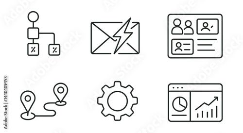 Business process and communication icons set – workflow, email, profile, map, settings, analytics
