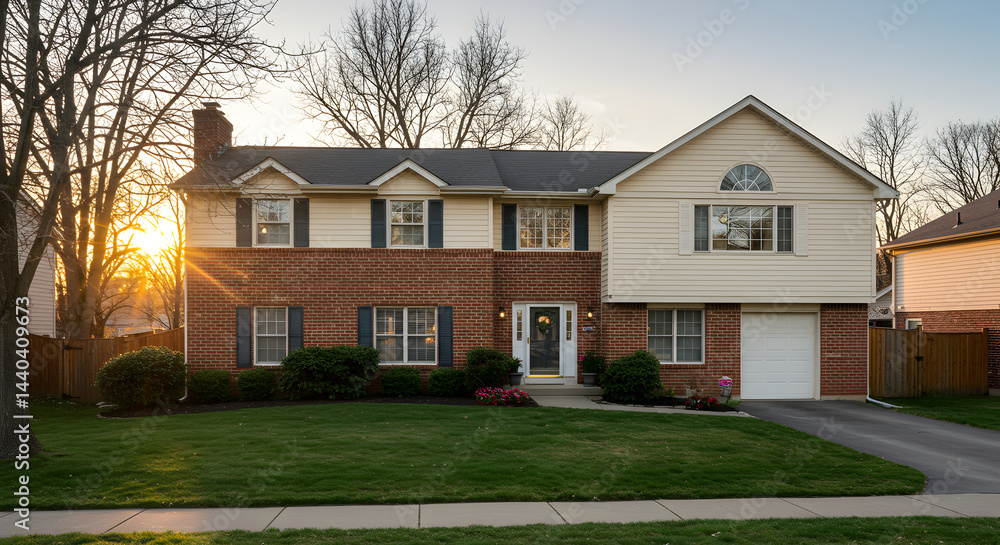 Obraz premium Suburban Home Exterior At Golden Hour In A Calm Residential Community
