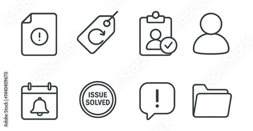 Productivity and task management icons set – alert, update, profile, checklist, calendar, solved