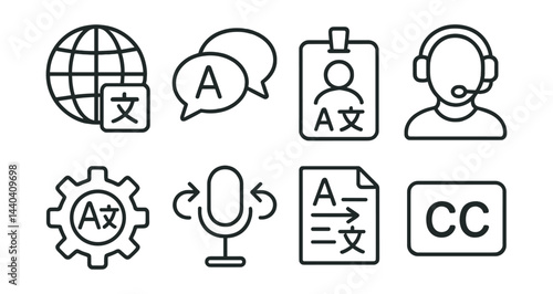 Language translation icons set – globe, speech bubbles, id card, headset, gear, microphone, document, cc