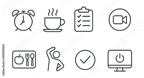 Daily routine icons set – clock, coffee, checklist, video, meal, exercise, check mark, power