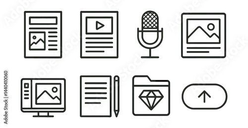 Digital media and content creation icons set – blog, video, microphone, image, monitor