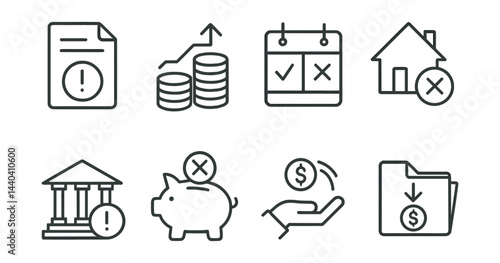 Financial alert icons set – report, coins, calendar, house, bank, piggy bank, hand, folder