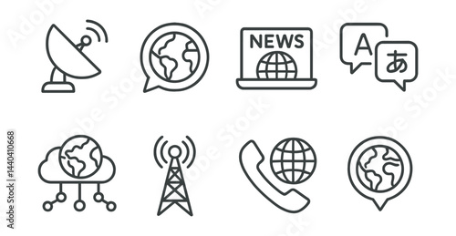 Global communication icons set – satellite, news, translation, network, antenna, globe