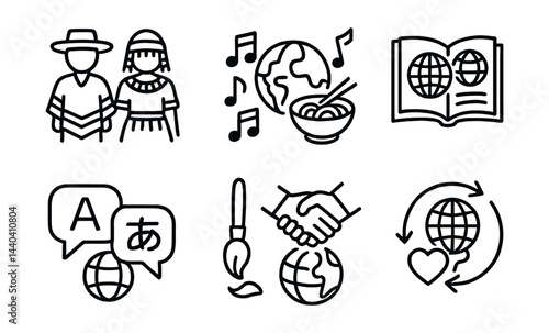 Cultural exchange icon set – traditions, language, music, cuisine, education, art, connection