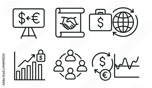 Currency exchange and business growth icons set – dollar, euro, handshake, briefcase, global, graph