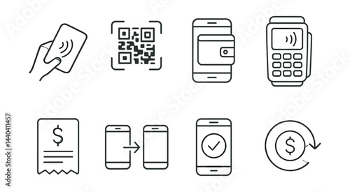 Digital payment icons set – nfc, qr code, mobile wallet, pos, receipt, transfer, verification, currency, sync