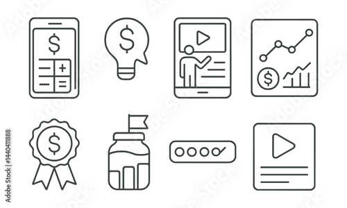 Financial technology icon set – calculator, budget, graph, award, investment, banking, education