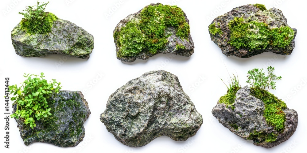 Mossy rocks with small tropical plants scattered around on white background. Mossy rocks with small tropical plants scattered around on white background.