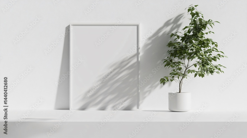 Fototapeta premium Elegant Blank White Frame with Plant Pot Isolated Mockup for Interior Designers and Decorators
