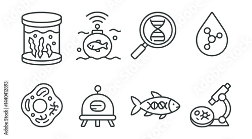 Marine biology and genetics icons set – aquarium, fish, dna, microscope, cell, droplet