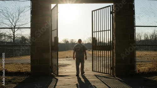 Prisoner walks through open gate into sunlight