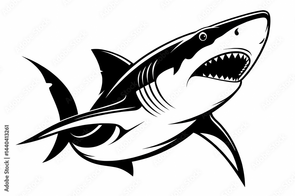 Fototapeta premium Powerful Great White Shark Illustration Black and White Predator Design, Marine Animal Artwork