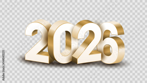 3D gold, white and black 2026 Happy new year letters on transparent, white and black background vector illustration. 2026 3d text vector 