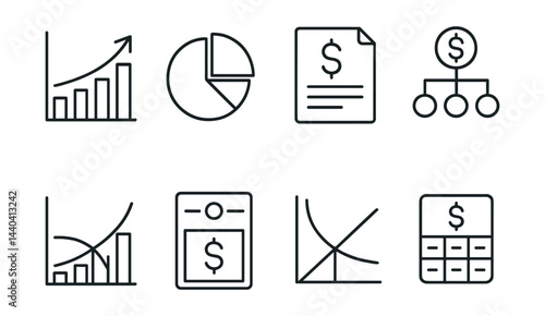 Financial growth and analysis icons set – chart, pie, invoice, hierarchy, calculator