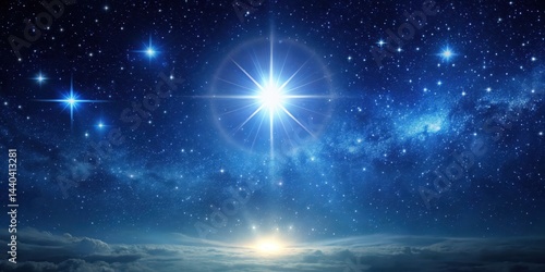 Wallpaper Mural A dark blue night sky with a bright star shining in the center, surrounded by twinkling stars and a crescent moon, heavenly object, full moon Torontodigital.ca