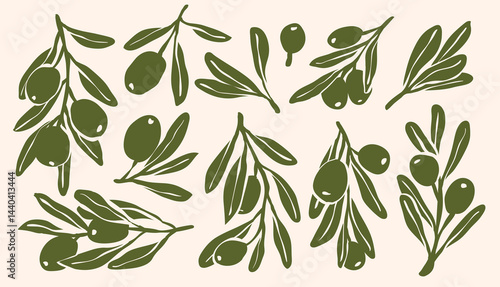 Set of monogram olive branch with leaves and olive oil logo or olive tree icon, hand drawn olive border botanical medicine herbs in vector format, floral olive frame