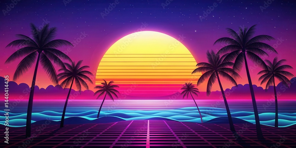 Fototapeta premium Retro neon beach sunset with palm trees and waves , retro, design , retro, design , colors, atmosphere, neon, synthwave