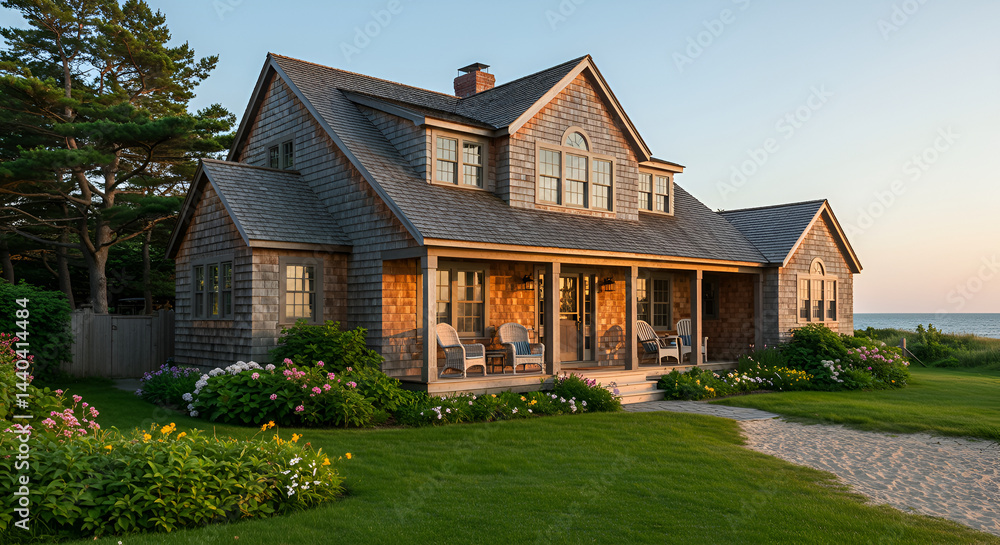 Coastal House With Shingle Siding And Porch In A Serene Beach Setting Coastal House With Shingle Siding And Porch In A Serene Beach Setting
