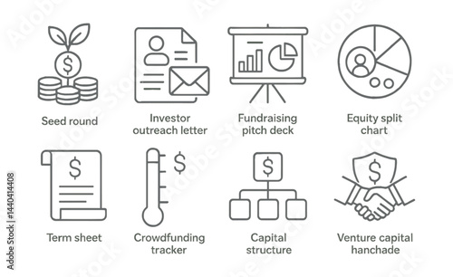 Startup funding icons set – seed round, investor letter, fundraising, equity chart, capital structure