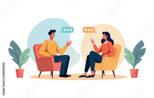 Professional cartoon style vector illustration of two people engaged in a relaxed conversation in modern armchairs, perfect for counseling, therapy, and communication themes
