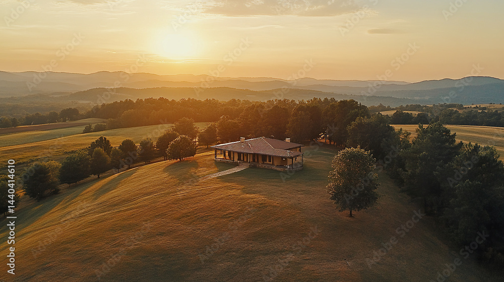 Fototapeta premium serene hilltop rental home surrounded by panoramic fields at golden hour, evoking tranquility