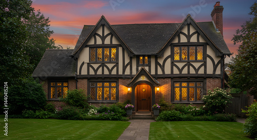 Beautiful Tudor Home at Twilight with Lush Landscaping and Warm Lighting