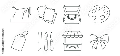 Creative crafts and gifts icons set – sewing, fabric, jewelry, art, tag, tools, market, bow